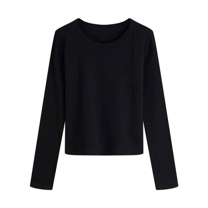 

Round Neck Shoulder Long Sleeved T-shirt for Women in Spring and Autumn, Slim Fit Short Style, Slimming Effect, Inner Top, Pure Desire Style Shirt S чёрный