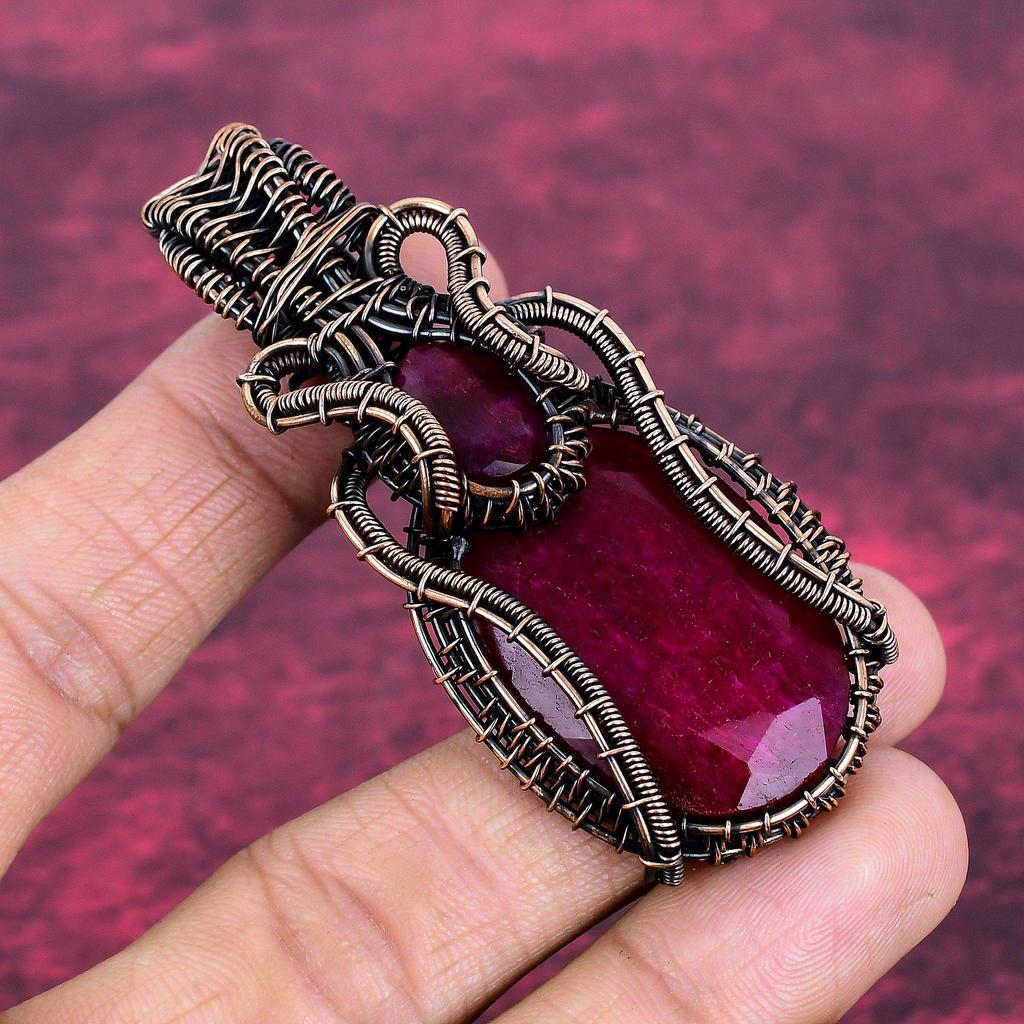 Faceted Kashmir Ruby Real Gemstone Pendant Copper Wire Wrapped Handmade Jewelry