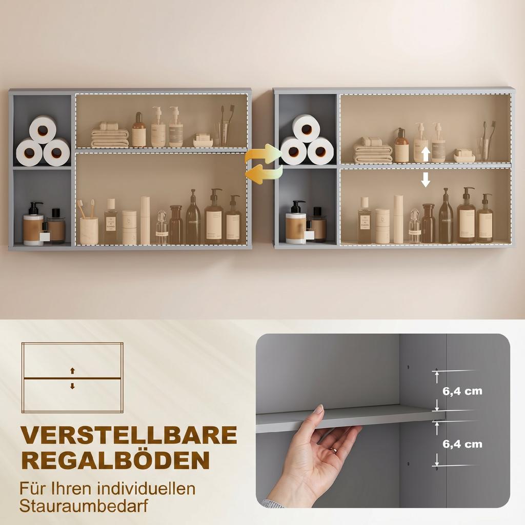 Wall-Mounted Bathroom Mirror Cabinet, Medicine Cabinet with 3 Doors, Adjustable Shelves, Grey
