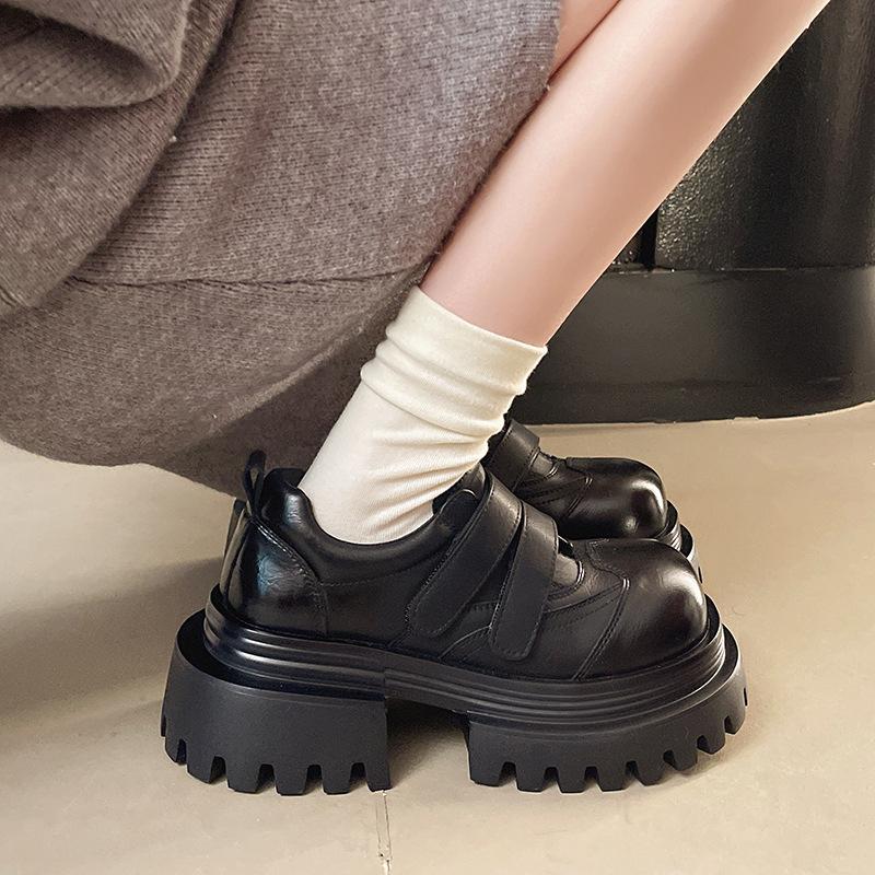 European genuine leather muffin platform small leather shoes women's British style round head derby shoes small heightening loafers single shoes