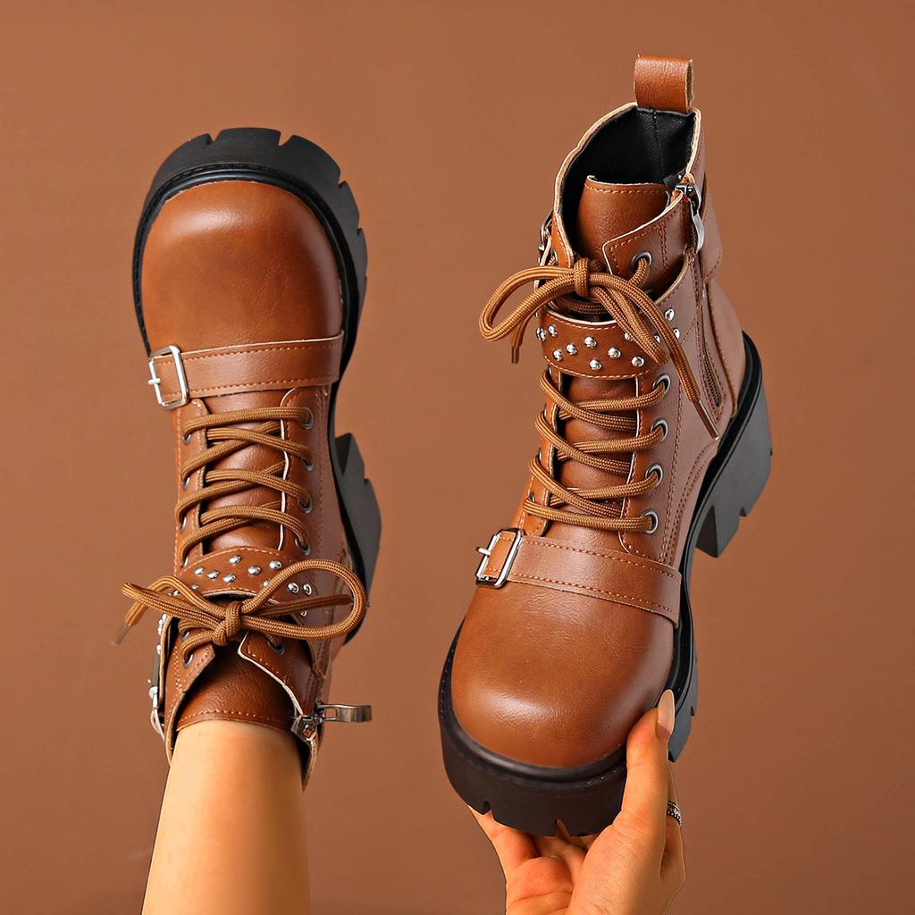 Fashion Women's Leather Rivet Short Top Lace-up Boots, Women's Thick-heeled Large-sized Belt Buckle Motorcycle Boots