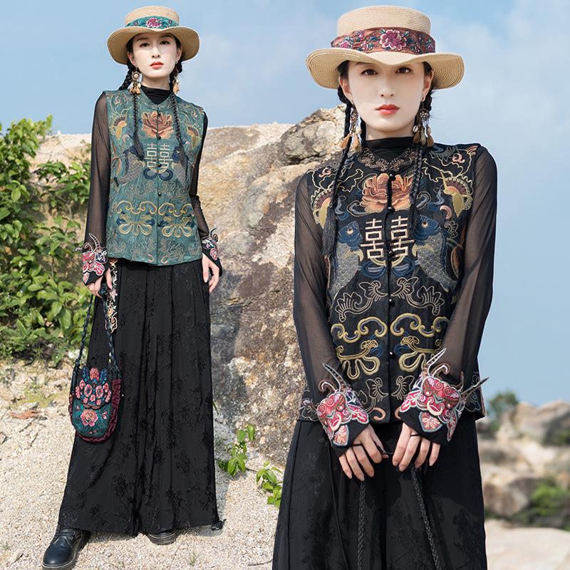 

Women s Chinese Retro Embroidered Flower Vest - Sleeveless Cardigan XXL чёрный