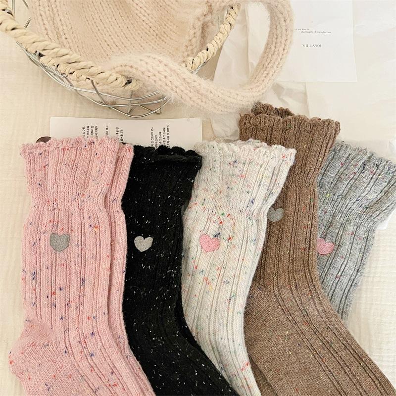 Thickened Lace Idea Yarn Wool Socks Children'S Love Embroidery Medium Tube Socks Warm Thick Line Stacking Socks