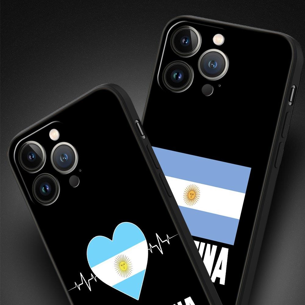 Coque de téléphone de luxe pour iPhone 11 12 13 15 16 14 Pro Max X XR XS 7 8 Plus 2020 Noir Housse souple Funda Drapeau Argentine Football 10