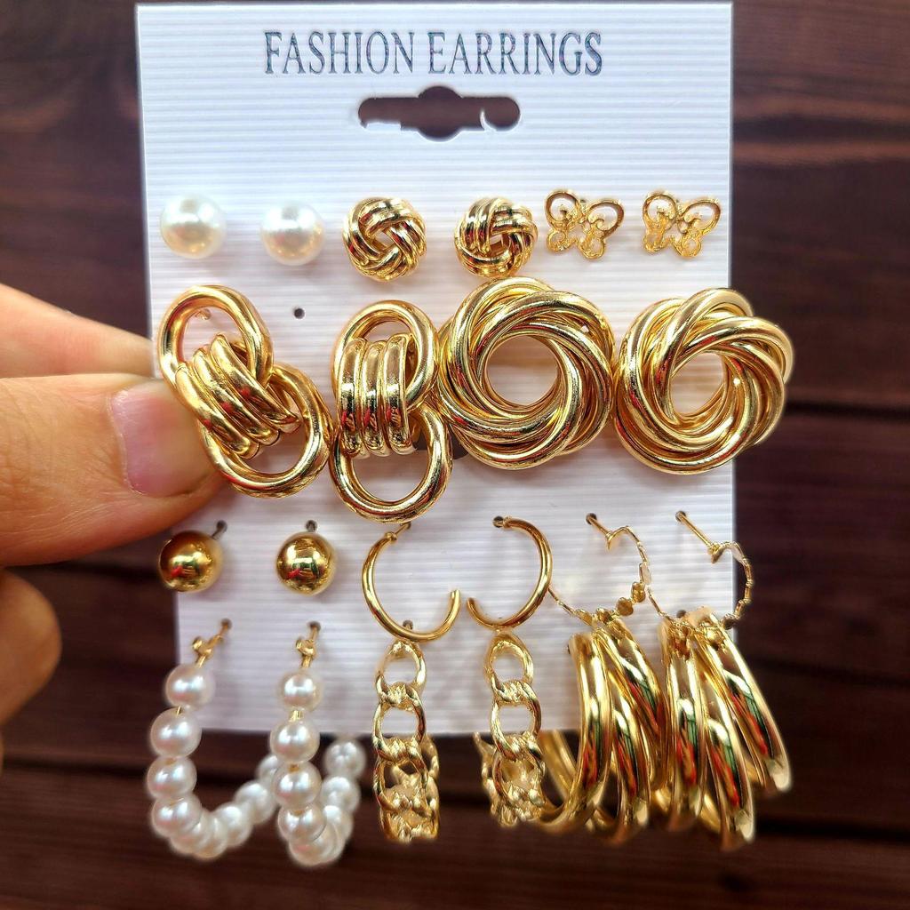 Retro Gold French Geometric Pearl Stud Earrings - 6 Piece Set