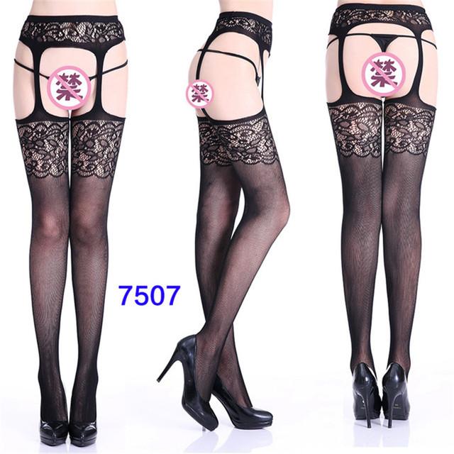 Sexy Lingerie Women's Fishnet Stockings With Garter Belt Summer Thin Lace Patterned Mesh Tights Female Black Suspender Pantyhose
