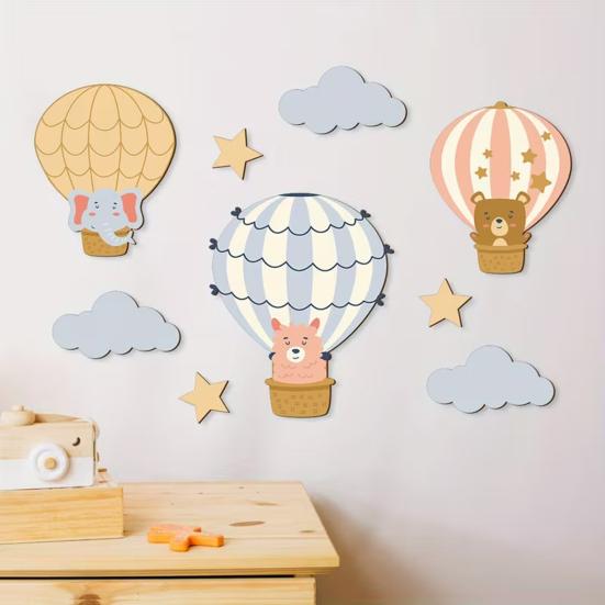 9 Pcs Hot Air Balloon Wall Decor with Clouds Stars Boho Nursery Wooden Wall Sign for Bedroom Classroom Playroom Wall Art