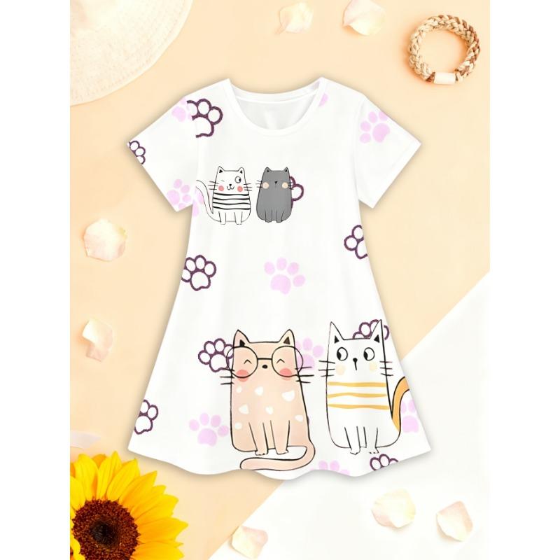 Summer 3D Printed Pattern Short Sleeve Dress for Girls, Short Sleeve Round Neck Casual Loose Dress, 110