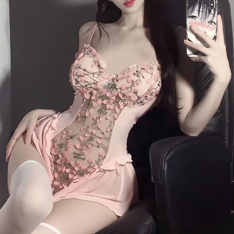 Deep V Flower Vine Open Crotch Bodysuit Suspender Embroidery Ballet Nightdress Slim Gathered Mesh Bodycon
