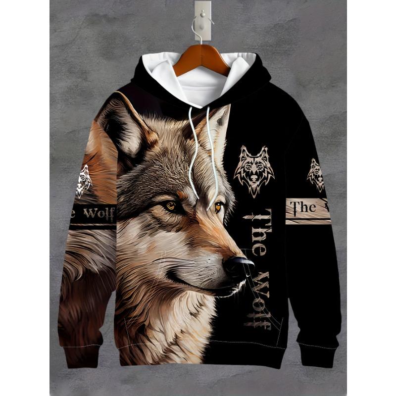 Herr 3D Vit Vargtryck Hoodie, Casual Långärmad Pullover med Dragsko Ficka, 100% Polyester Lätt Stretch Herrkläder