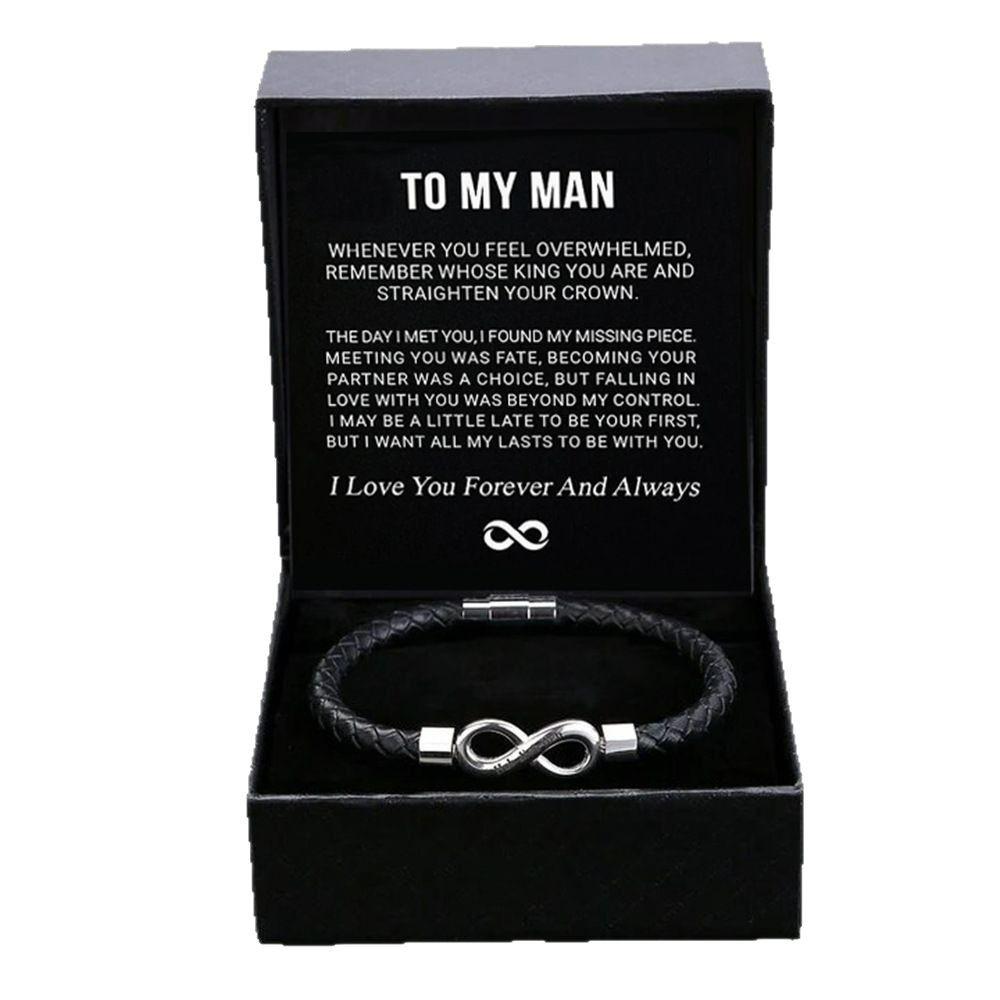 Engraved Stainless Steel Leather Bracelet with Magnetic Clasp – 'To My Man' Gift Set