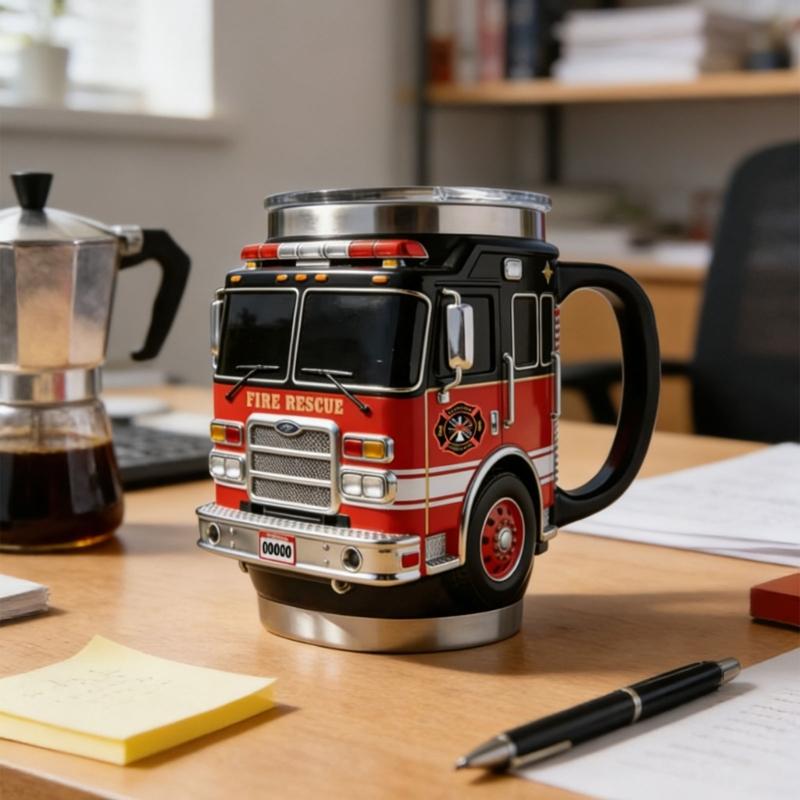 Portable Insulated Fire Truck Shape Coffee Cup with Detailed Design Drinking Cup Suitable for Gift Givings or Individual