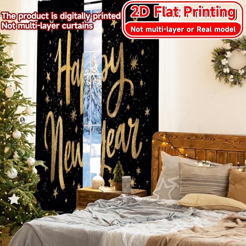 2D Flat Printing  2pcs New Year Glow Chic Pattern Curtains Yarn Curtains Decorations Inside Ldeal for Living Room   Bedroom