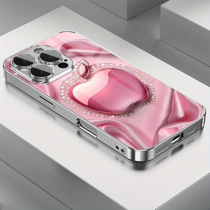 

Pink Sparkling Diamond For Apple Print Glass Electroplated Silver Phone Case For Samsung Galaxy S23 S24 S25 Ultra Plus FE Cover Galaxy S23 Ultra