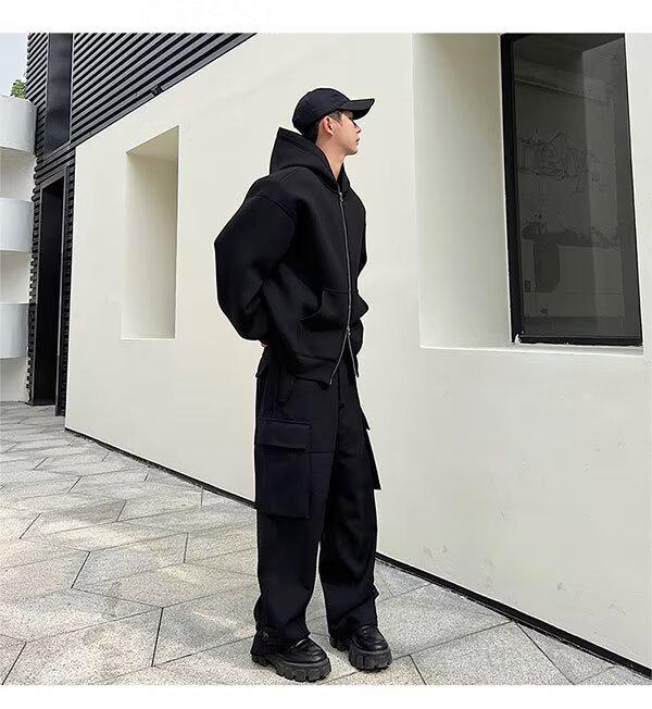 2024 Autumn/Winter American Style Heavyweight Double Zipper Hoodie - Trendy Solid Color Cardigan with Air Layer and Cool Design