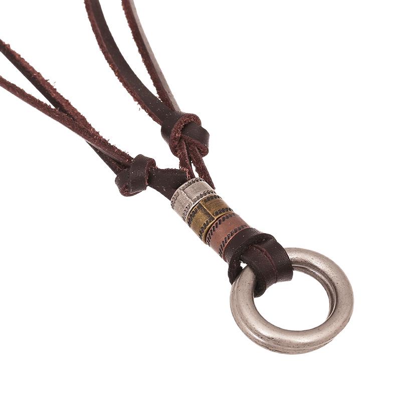 Alloy Two-Circle Pendant Necklace with Genuine Leather Cowhide Cord