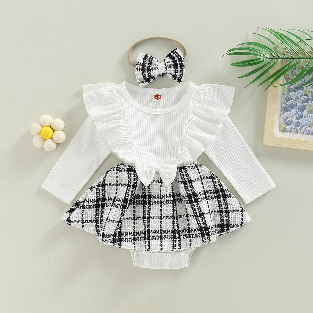 Baby Mädchen Strampler Kleid Set Lässige Rüschen Langarm Plaid Overalls und Stirnband für Neugeborene Kleinkind