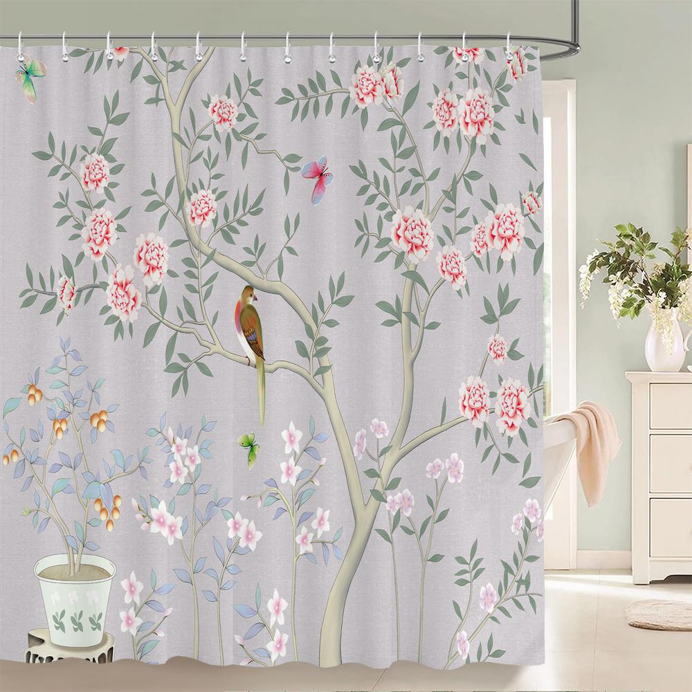 Chinese style Flowers Birds Shower Curtains Printed Bath Curtains Bathroom Waterproof Fabric With 12 Hooks Home Decor Screen