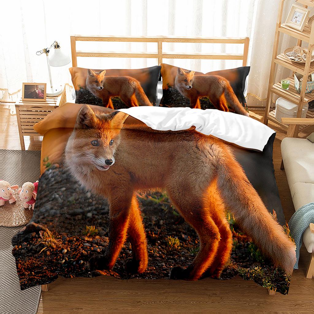 Fox Duvet Cover Set Cartoon Cute Fox Polyester Comforter Cover King Queen Full Size For Kid Boy Girl Bedding Set With Pillowcase