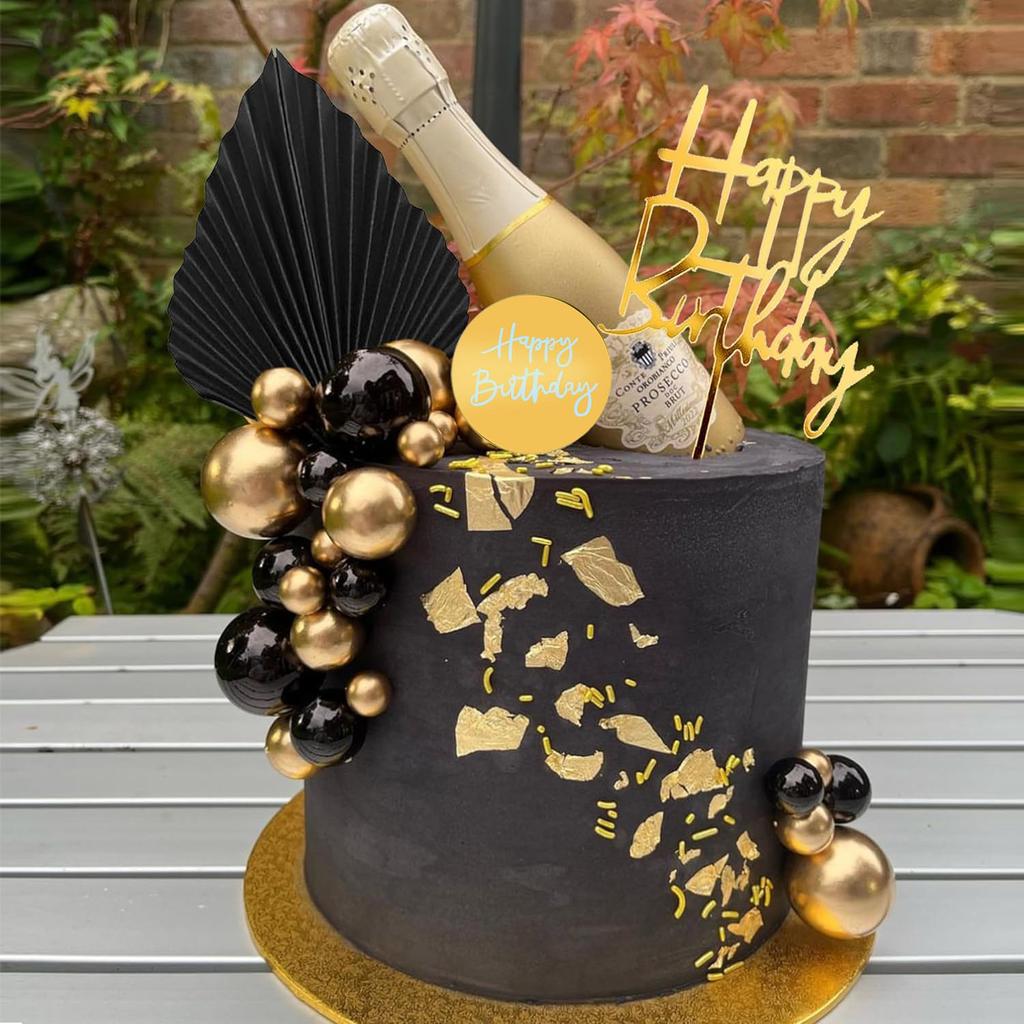 Cake Toppers Happy Birthday Cake Topper Black Gold Balls Cake Decorations for Birthday Wedding Baby Shower Party Decoration