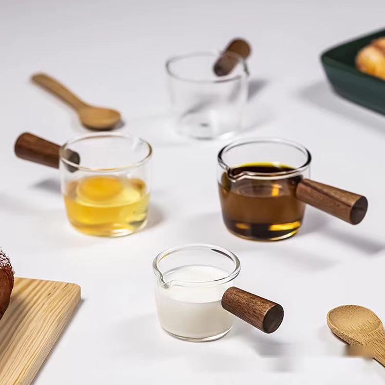 Small Milk Jug with Wooden Handle - Espresso Measuring Cup for Home
