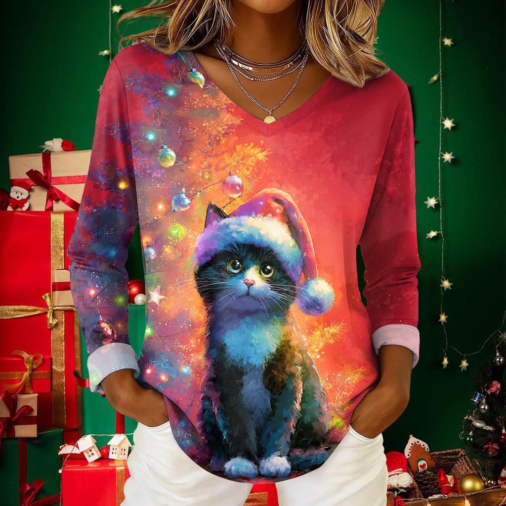 Women's Christmas Print Casual V-Neck Long Sleeve Top