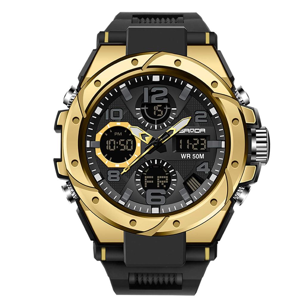 RORIOS Men's Analog-Digi Watch with Chronograph, Stopwatch, Date Display, Day of the Week Display, Waterproof, LED Luminous Display, Multi-Function,