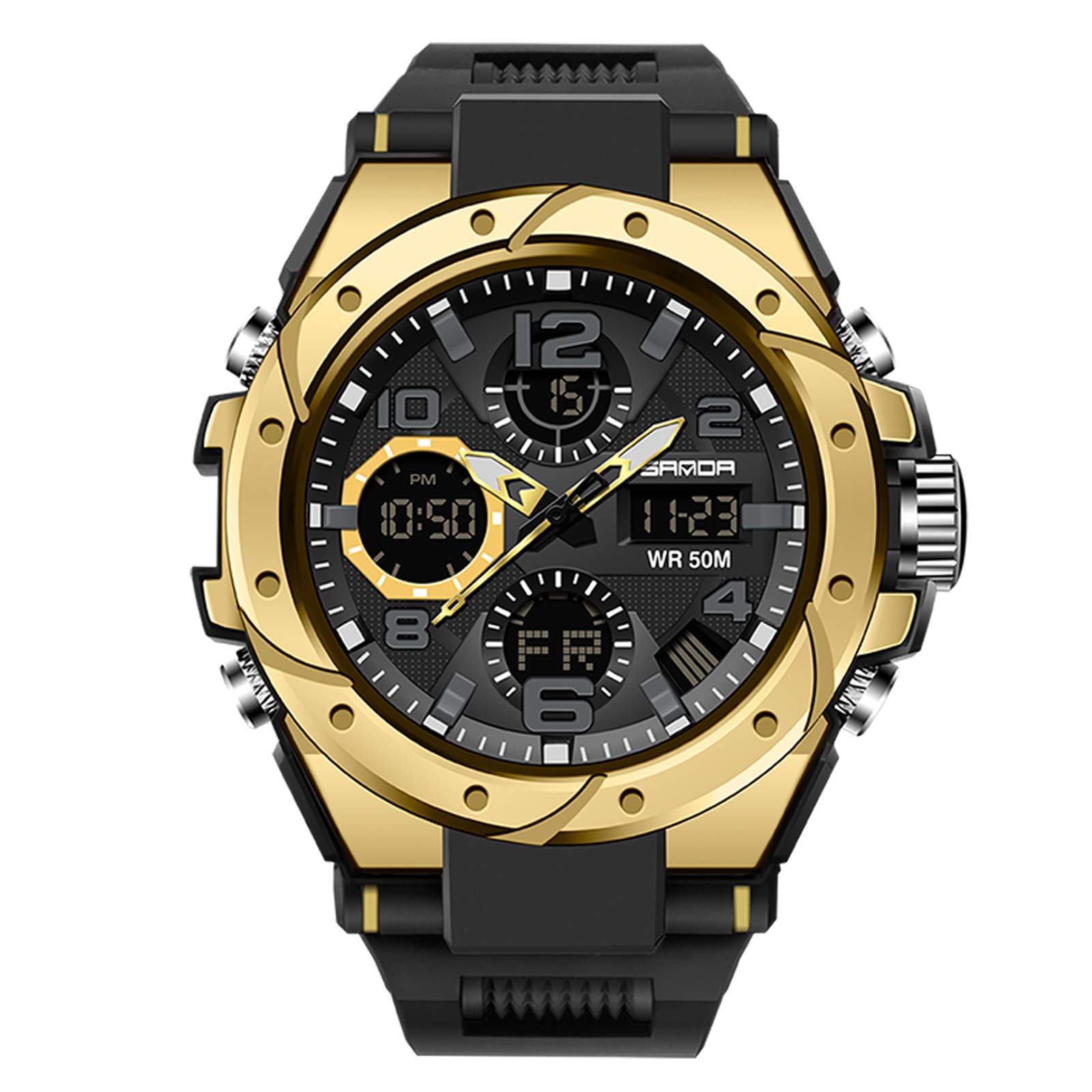 Мужские аналогово-цифровые часы RORIOS с хронографом, секундомером, индикатором даты, индикатором дня недели, водонепроницаемые, со светодиодной подсветкой, многофункциональные,