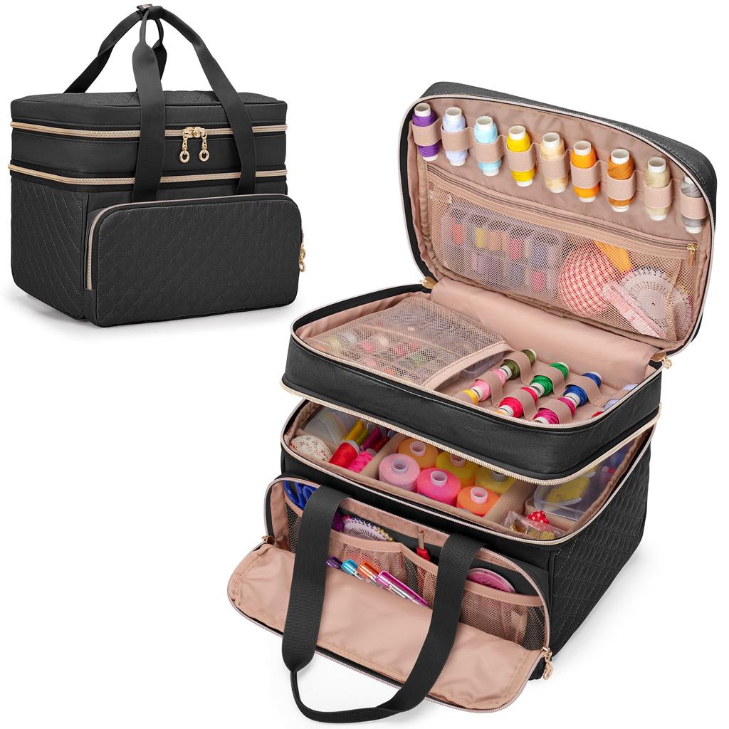 YARWO Sewing Sewing Large Sewing Box for Sewing Black Box, Bag, Double-Layered, Capacity, Tools,
