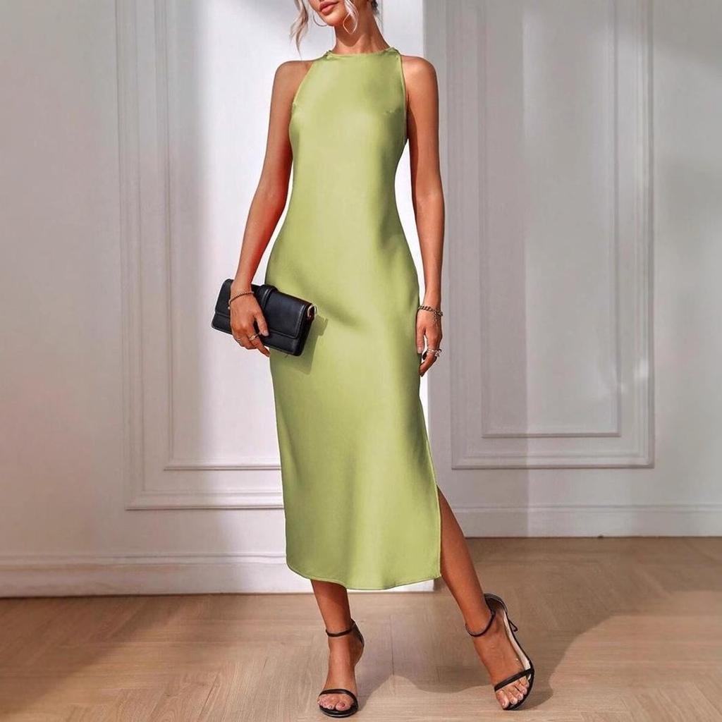 European & American Satin Sleeveless Silk-like Slit Dress for Women - Spring/Summer