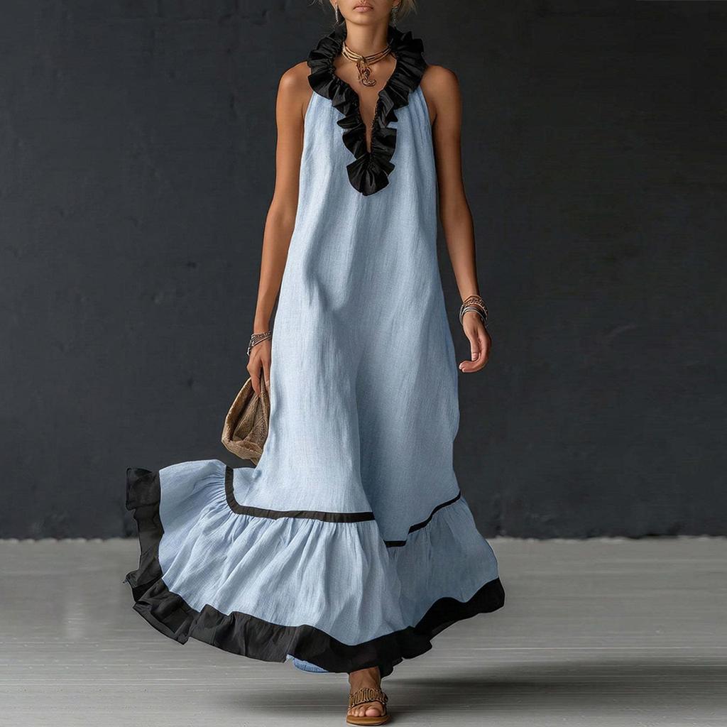 Women's Fashionable Color Round Neck 3/4 Sleeved Cotton Linen Casual Vacation Loose Long Dress