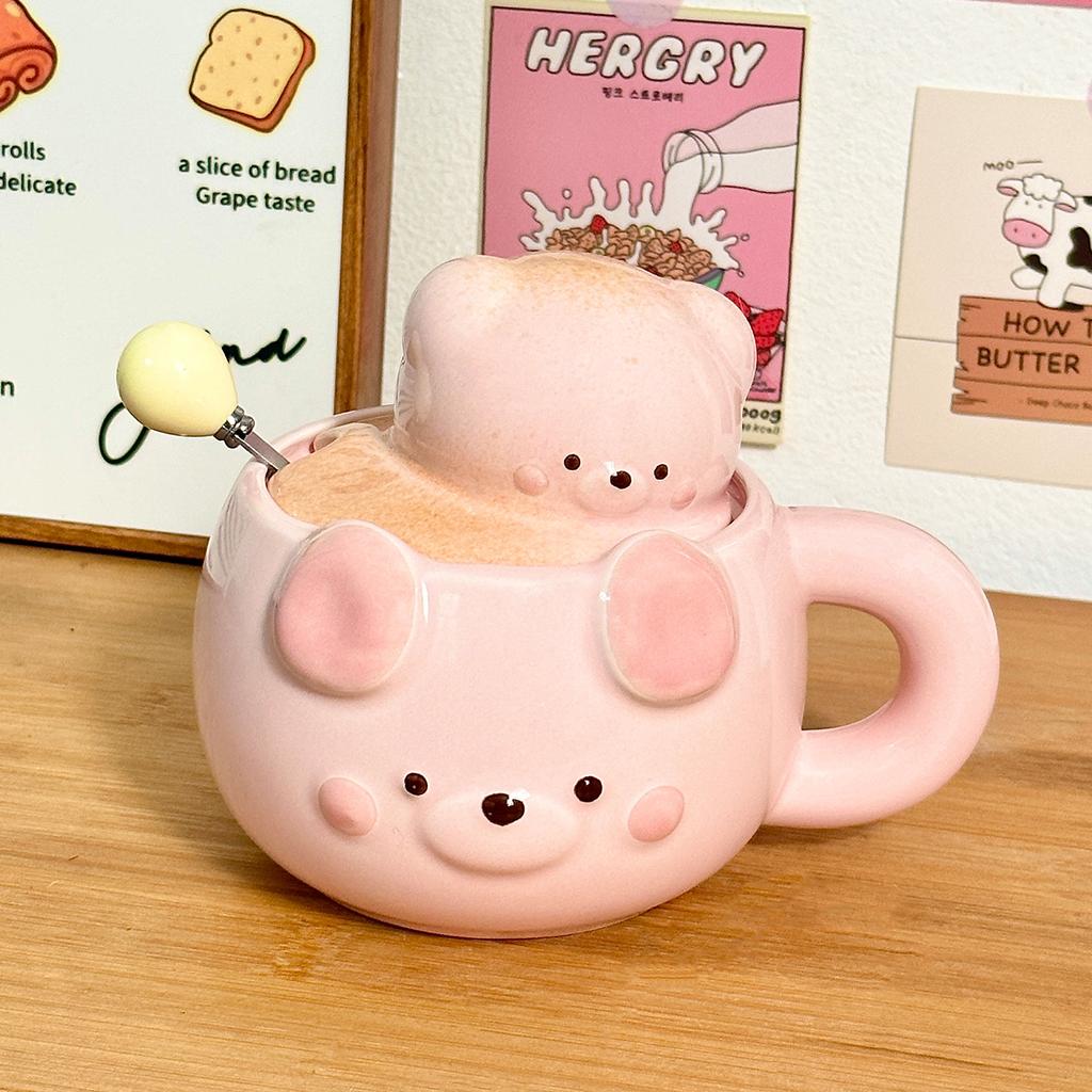 Cute Bear Ceramic Mug, Birthday Gift Cup, Gift Box for Girlfriends, Water Cup, Household Couple Cup with Lid