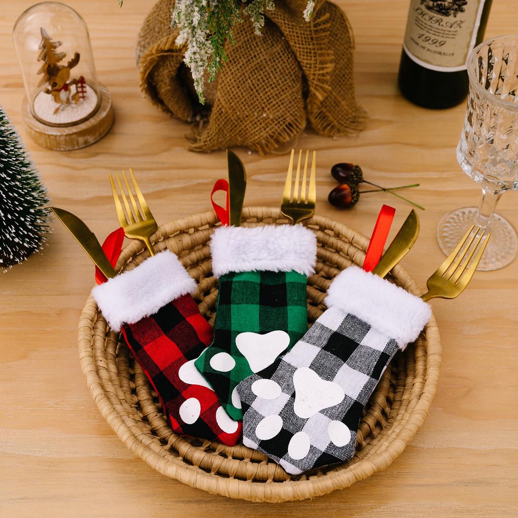 Adorable Christmas Plush Border Plaid Cat Paw Print Fork And Knife Set Table Decor