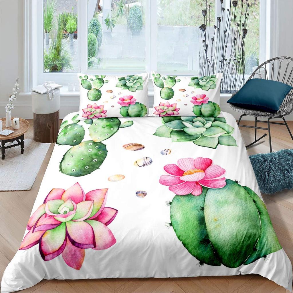 Succulents Duvet Cover Set Green Plant Tropical Botanical Bedding Set Watercolor Painting Stylish Nature Theme Twin Quilt Cover