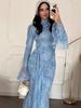Autumn 2025 Blue Lace Waist-Cinching Long-Sleeved Women's Dress
