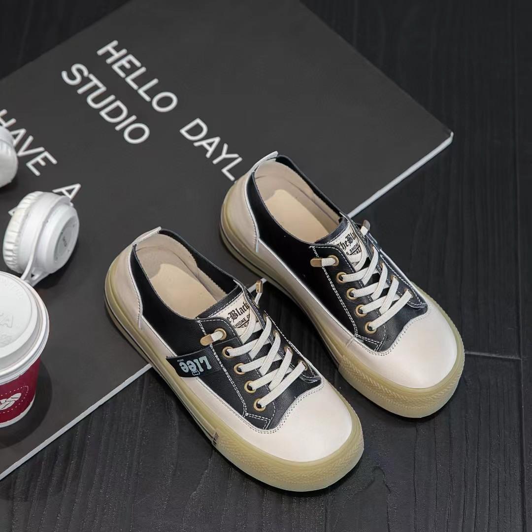 

The first layer of cowhide little white shoes women s spring new genuine leather cowhide soft sole one pedal sports and leisure board shoes 35 чёрный
