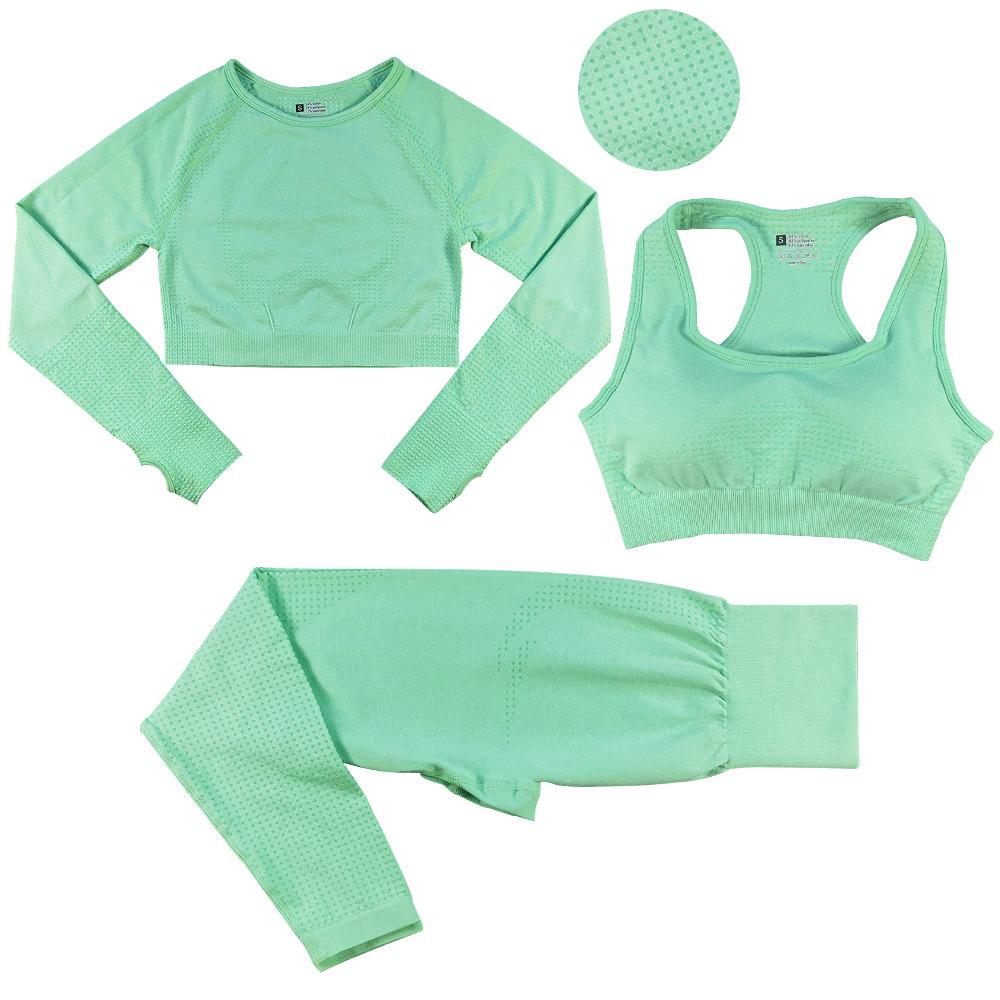 Sömlöst Jacquardprickigt Yogaset: BH, Långärmad Topp & Byxor för Kvinnor