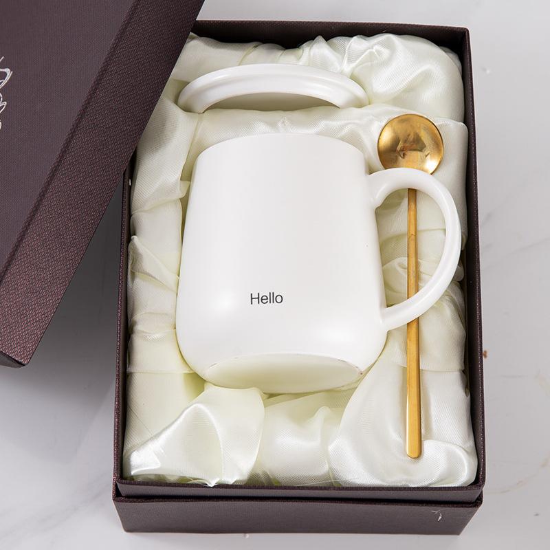 Simple Mug with Lid Spoon Ceramic Cup Hotel Room Water Cup Opening Gift Box Coffee Cup
