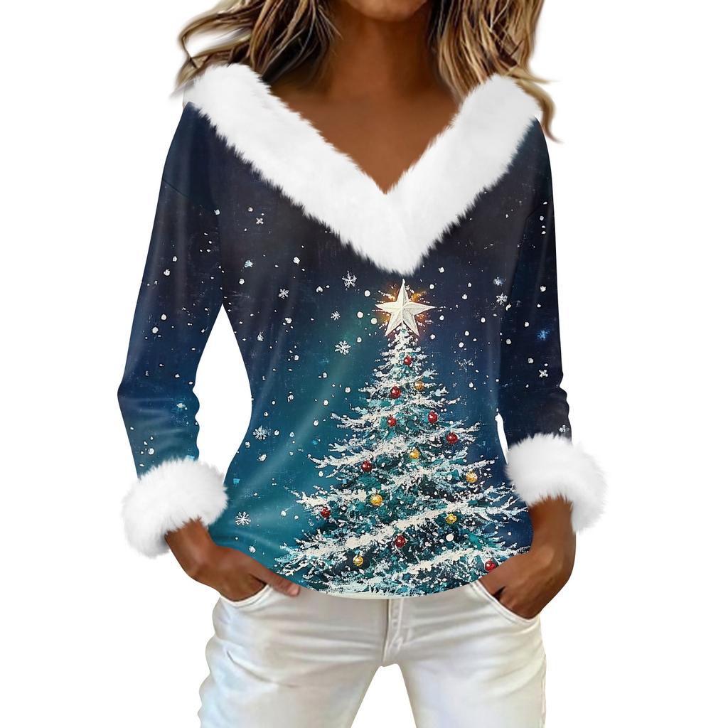 Women's T Shirt Tee Print Shirt Long Sleeve Party Fleece Collar V Neck  Top