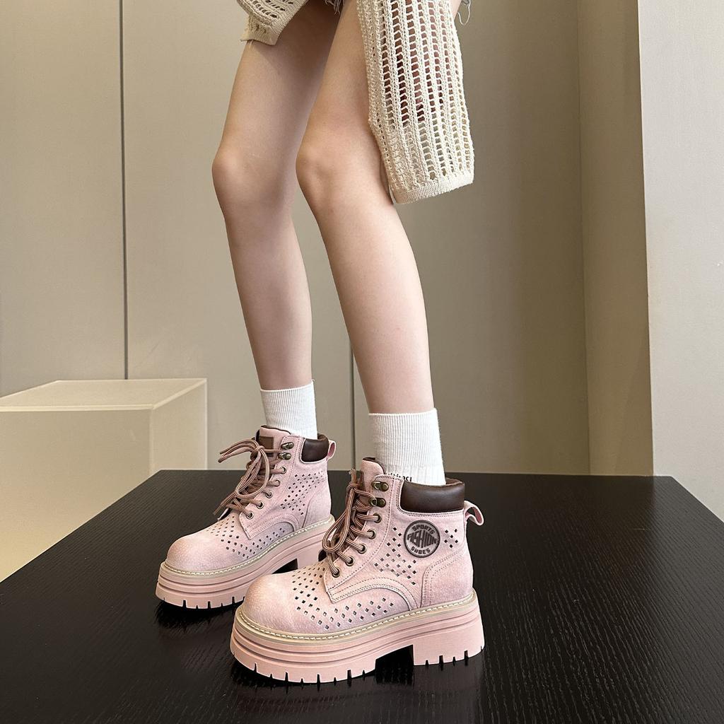 Thick-soled hollowed-out lace-up Martin boots for women's 2025 autumn new fashionable versatile small height-increasing casual short boots