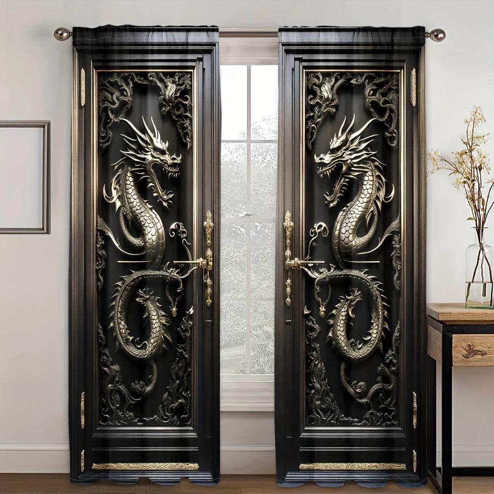 Klassiska 3D-präglade svarta drak-totem metalltryckta gardiner, gardiner med kanal för gardinstång, heminredning, rumsdekoration