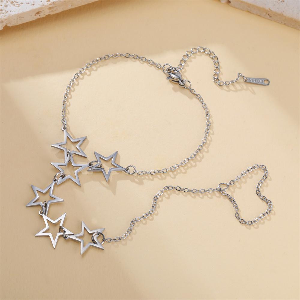 Star Charms Bracelet Ring Hollow Out Solid Stars Bracelet with Finger Chain Stainless Steel Adjustable Chain Jewelry Party Daily