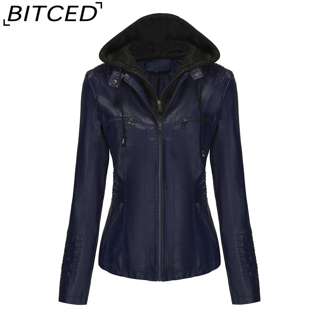 BITCED Hooded Leather Jacket Two-Piece Set with Detachable Lining Plus Size Leather Jacket for Women Spring/Autumn Outerwear