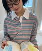 RONRON Double Shirring Stripe Collar Long Sleeve Pink