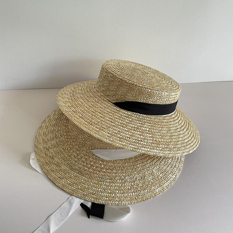 

Shallow top retro strap straw hat straw sun hat literary photo travel vacation beach sun hat children Adult (56-58cm) чорний