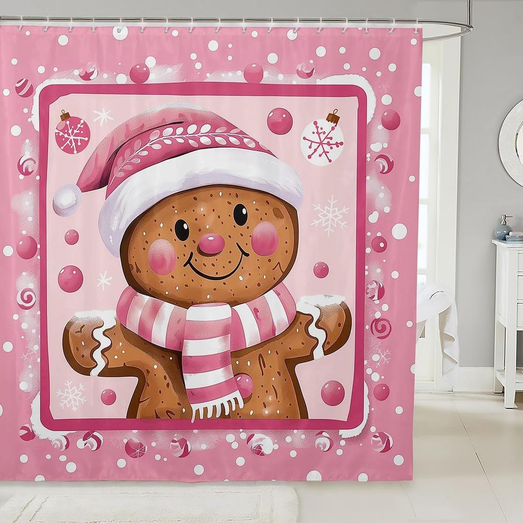 Merry Pink Christmas Shower Curtain,Cartoon Gingerbread Man Bathroom Curtain,Snowflakes Candy Fabric Shower Curtains,Happy New