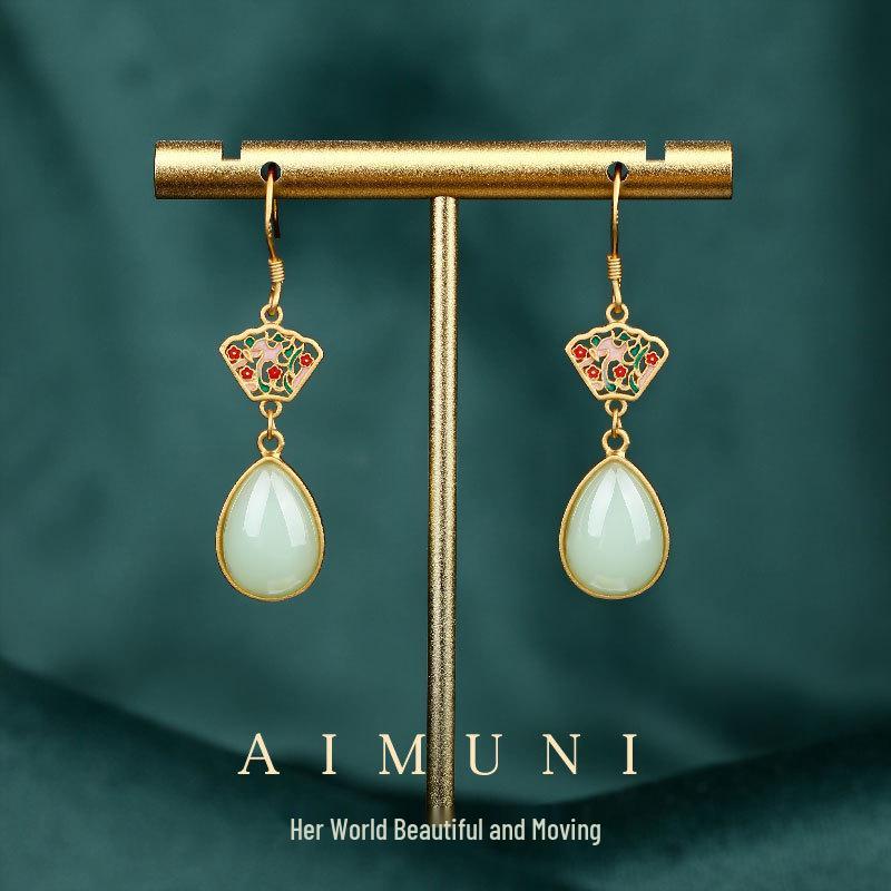 

Chinese Lotus Jade Enamel Earrings - 925 Silver, High-End Retro Court Style Gold Plated