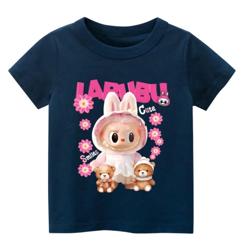 2025 New Children's T-shirt with Teddy Bear and LABUBU Printed Round Neck Short Sleeved Casual Girls' Top