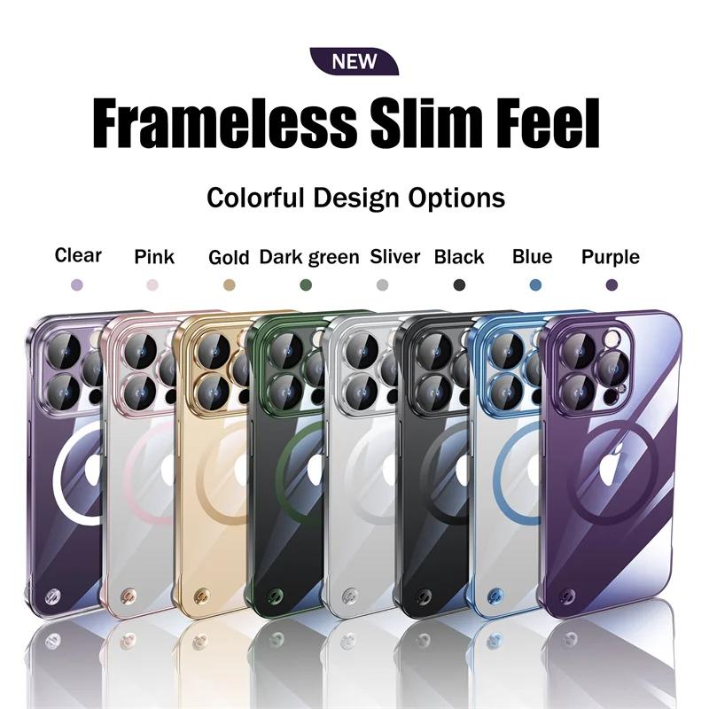 Luxury Plating Frameless Magnetic For Magsafe Thin Case For iPhone16 17 13 15 Pro Plus Max Wireless Charging Clear Slim PC Cover