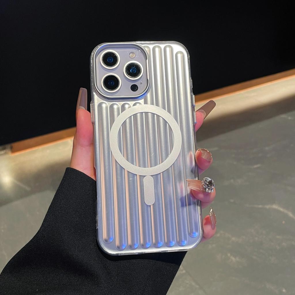 Frosted PC Stripe For Magsafe Magnetic Phone Case For iPhone 16 15 14 Pro Max 13 Wireless Charging Corrugated Shockproof Cover
